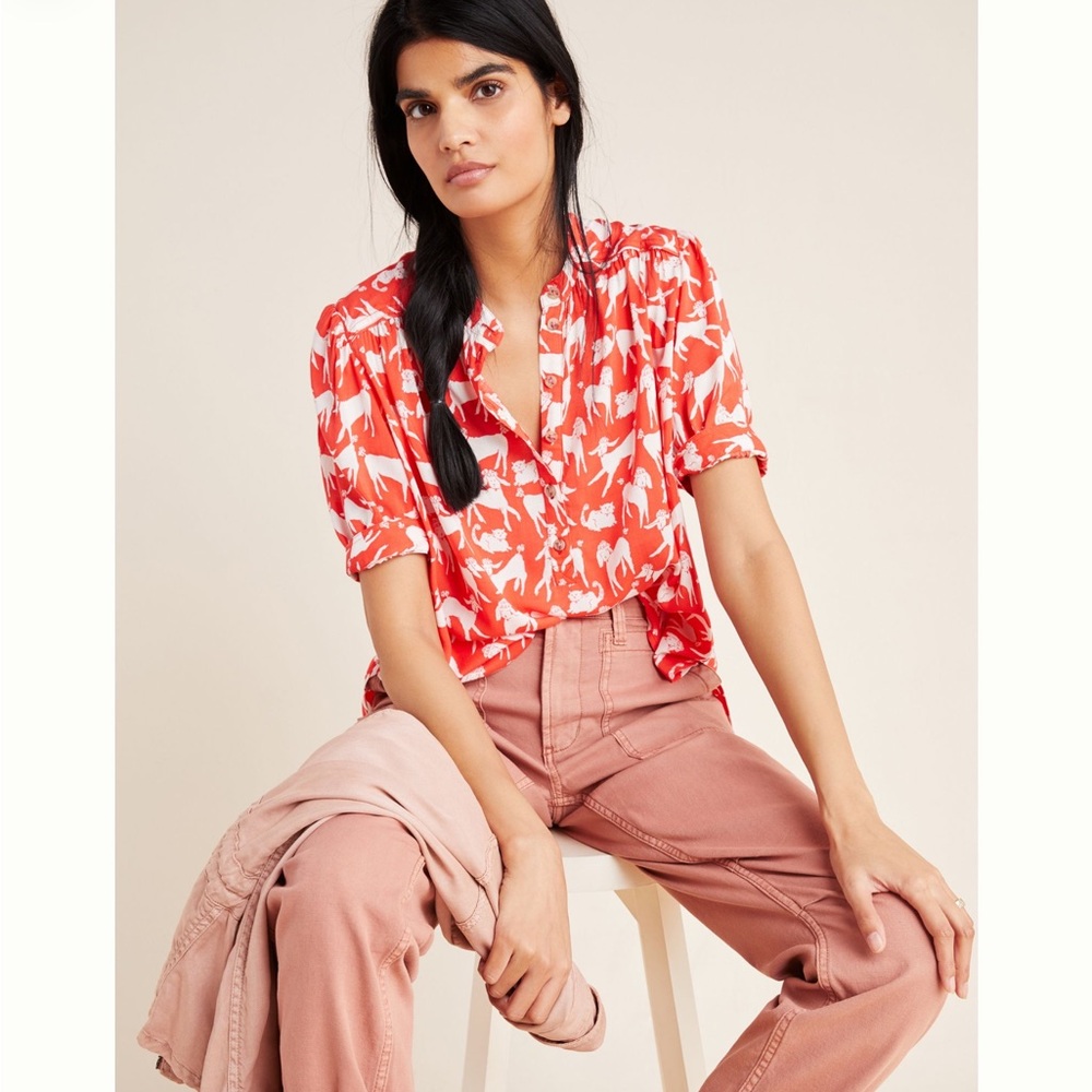 Anthropologie Emily Isabella Robina Poodle Dog cat top blouse M $78
